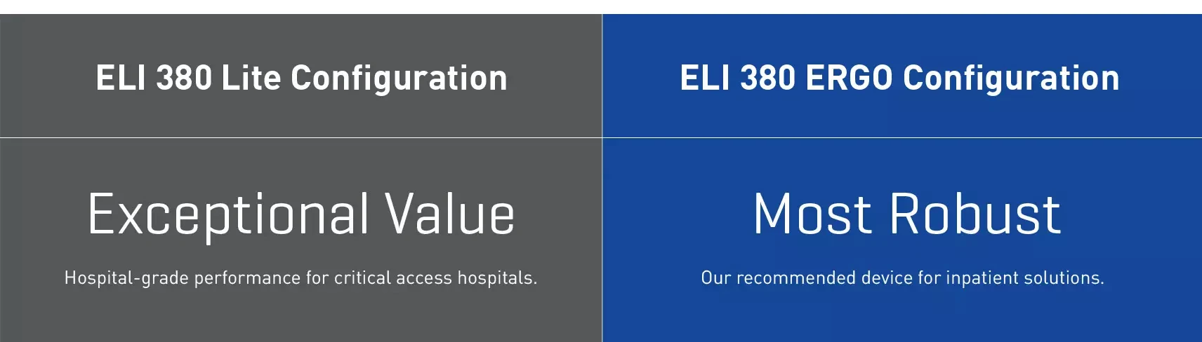 ELI380 Lite Configuration. Exceptional Value. Hospital-grade performance for critical access hospitals. ELI 380 ERGO Configuration. Most Robust. Our recommended device for inpatient solutions.